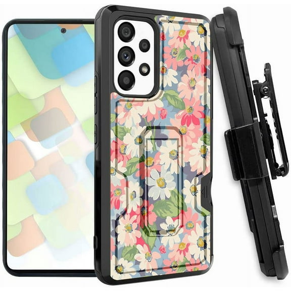ANJ  Rugged Dual Layered Holster Case w/Kickstand, Card Slot Case   Tempered Glass Cover for Samsung Galaxy A53 5G - Cartoon Daisies