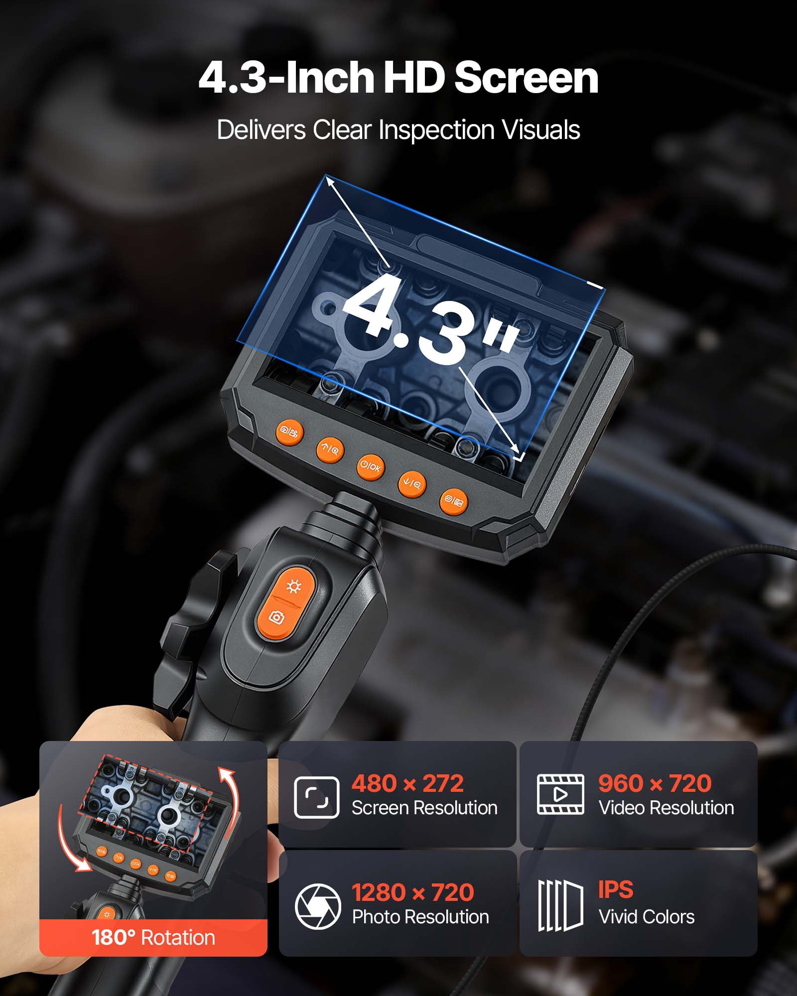 VEVOR Articulating Borescope with 0.15" Ultra Slim Lens, Two-Way Articulated Endoscope with Light, 4.3" IPS Screen, 1280 x 720 HD Lens, 8X Zoom Inspection Camera for Automotive,Tight Mechanical Space