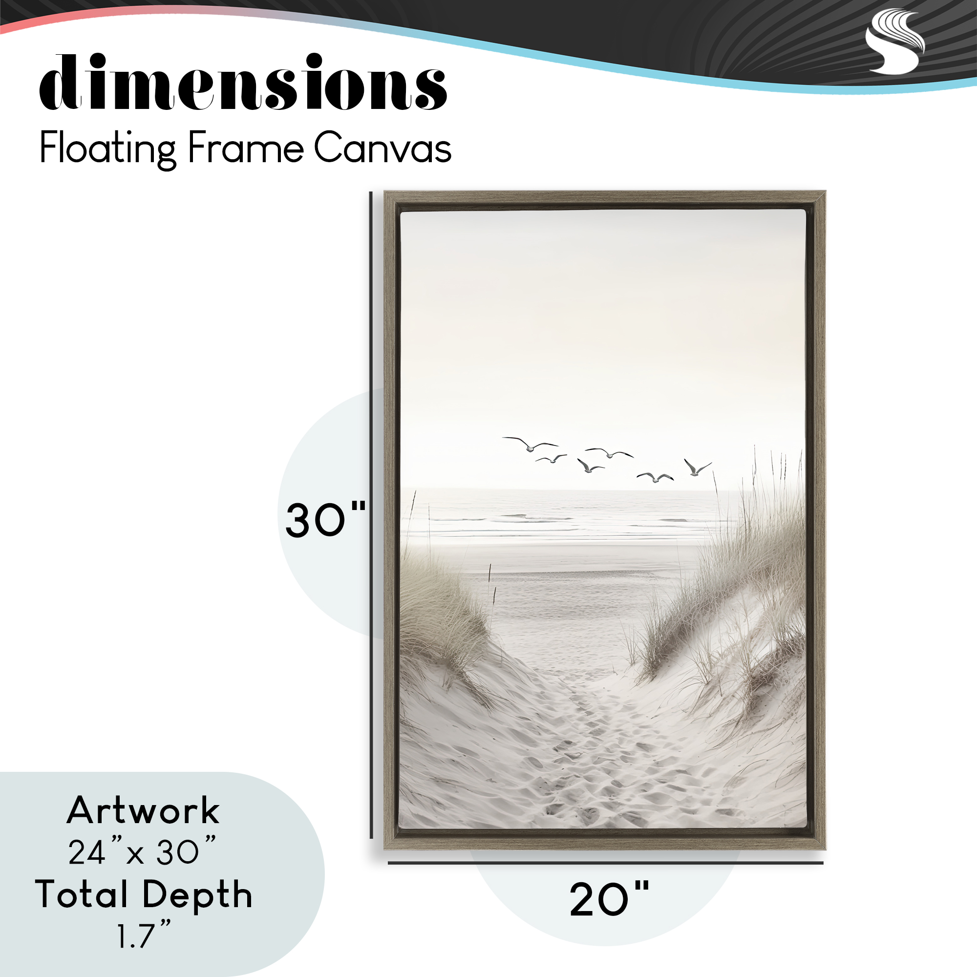 Seagulls over Sandy Footprints Brown Framed Floater Canvas Wall Art, design by Decent Exposures