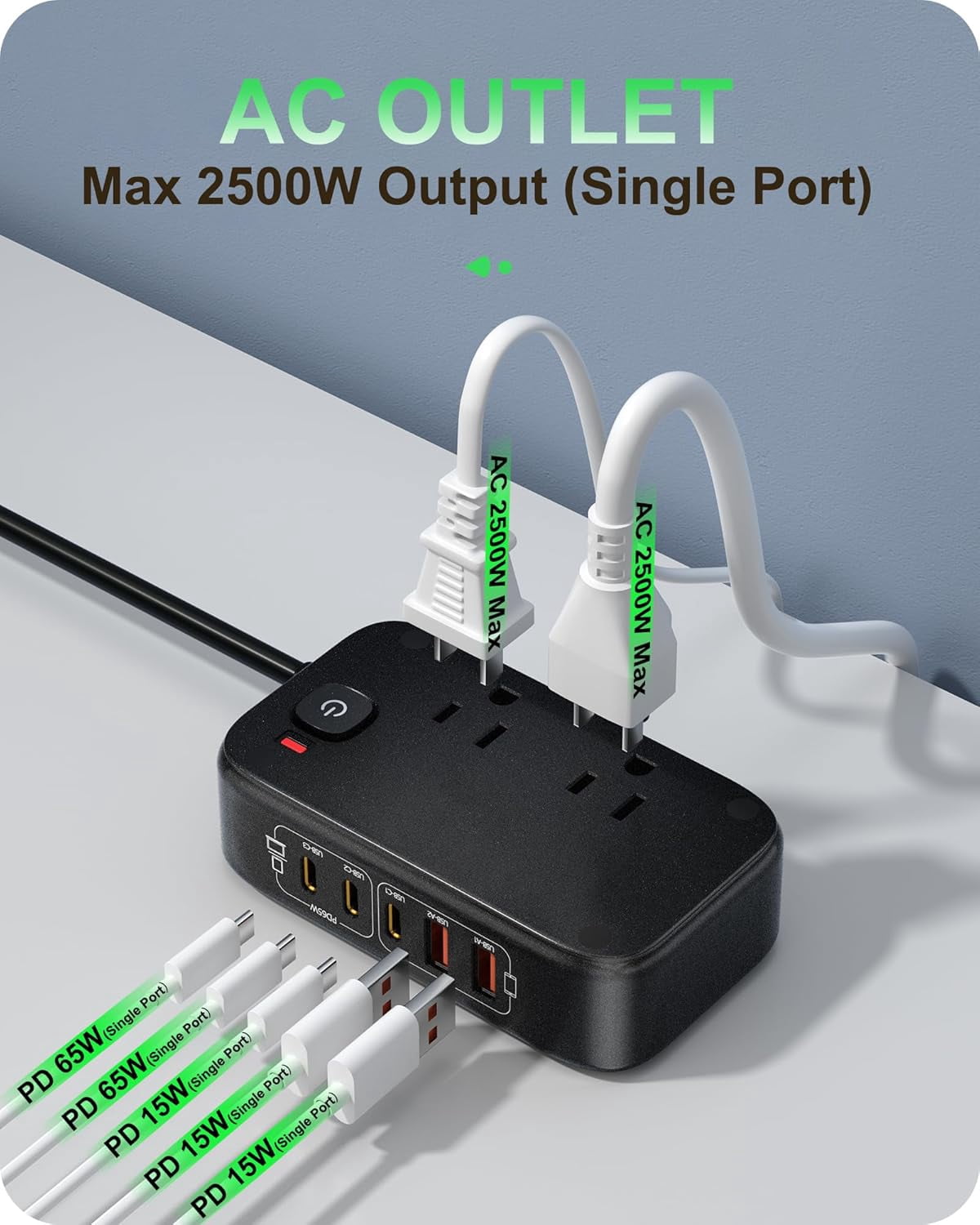 Power Strip with USB Ports, 65W USB C Fast Charging Station, 6FT Flat Extension Cord, 2 AC Outlets, 2 USB-A, 3 USB-C Ports for Multiple Devices (Black)