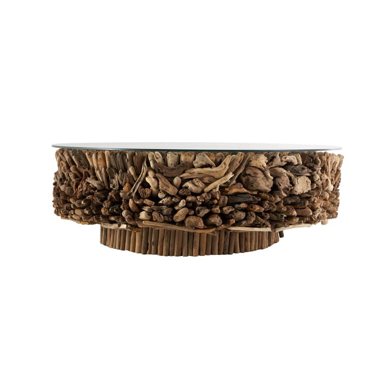 DecMode Rustic Brown Driftwood Inspired Coffee Table with Tempered