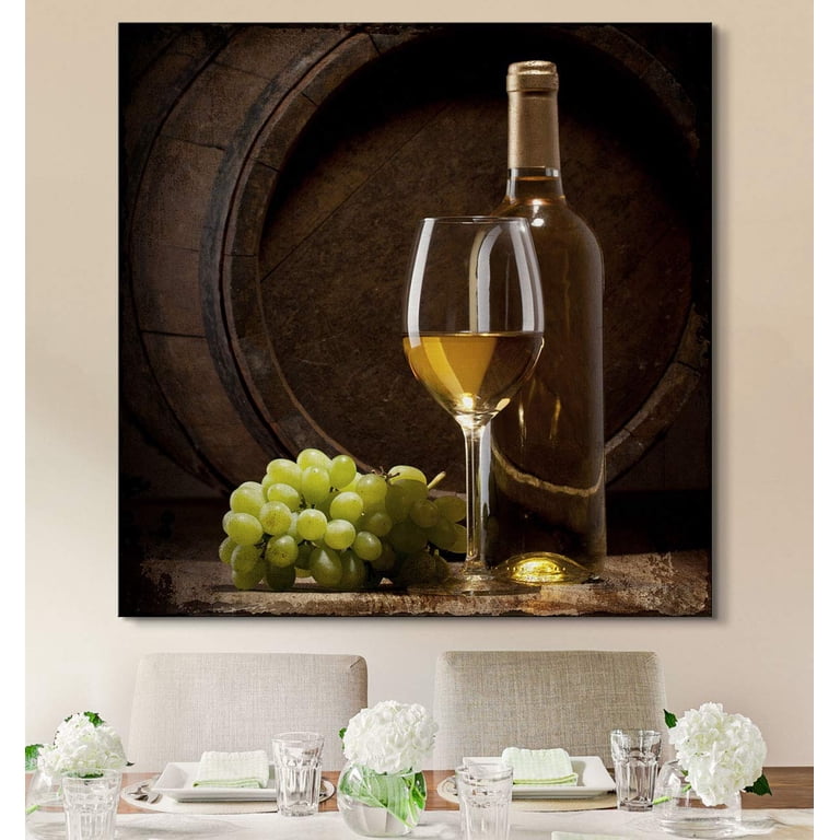 Square Canvas Wall Art - Rustic Style Wine in Glass and Wine Bottle with Grapes - Giclee Print Gallery Wrap Modern Home Art Ready to Hang - 12x12