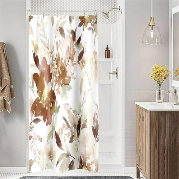 Small Stall Shower Curtain 36 x 72 Inch, Half Narrow Watercolor Floral Fabric Shower Curtain, Modern Abstract Brown Flower Bathroom Shower Curtain Set with Hooks