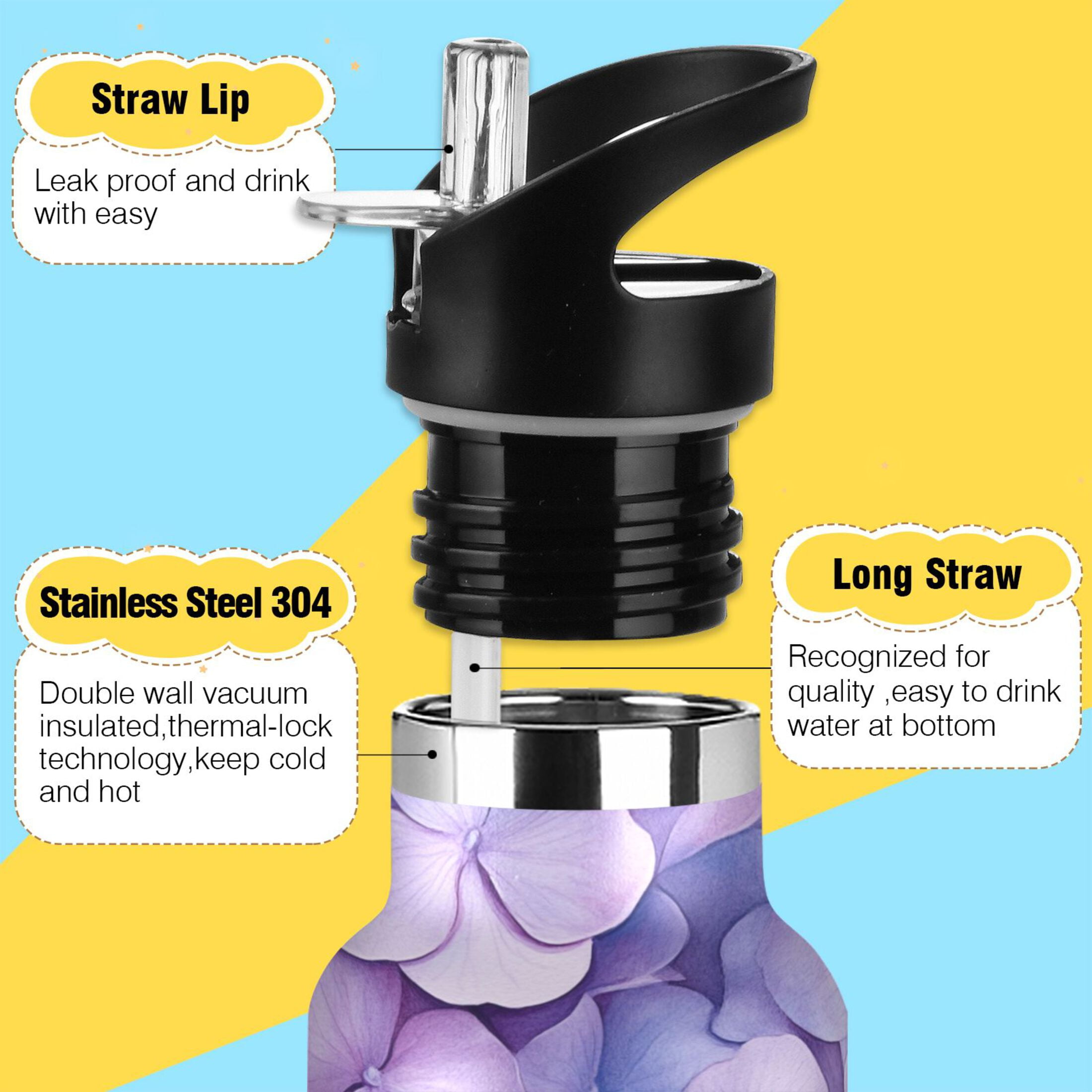 600ML Stainless Steel Insulated Cup Sports Water Bottle Portable Thermos Cup Water Glasses Insulated Tumblers Convenient and Durable Purple Hydrangea Petals