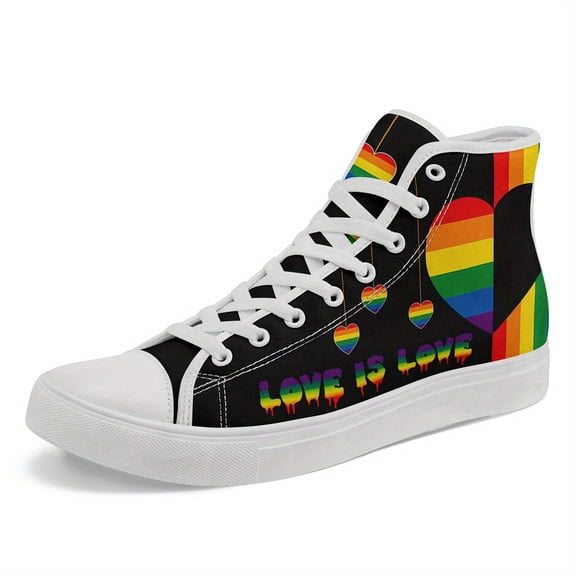 Coolcustomize Men's Pride Month High-top Sneakers, Rainbow & Heart Design, Non-Slip Durable Rubber Sole, Breathable Fabric Upper for Casual, Gym, Walking - Couple Casual Boots, Pride Month Gifts