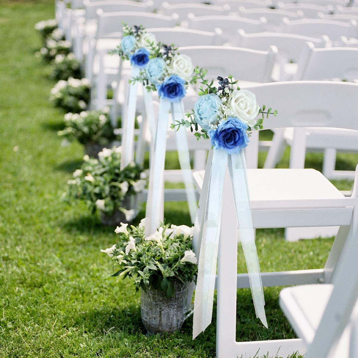Wedding Pew Bows  Blue Roses Ivory Flower Church Chair Decoration 
