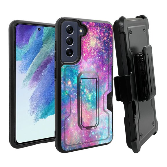 ANJ  Rugged Dual Layer Hybrid Holster Kickstand Case w/ Card Slot   Tempered Glass Cover for Samsung Galaxy S21 FE 5G - Dream Galaxy
