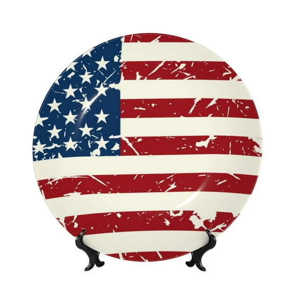 Salouo Vintage American Flag Pattern Bone China Decorative Plate,Holiday Decor Decorative Ceramic Plates with Stand Elegant Home DéCor for Hallway/Living Room/Bedroom-6in