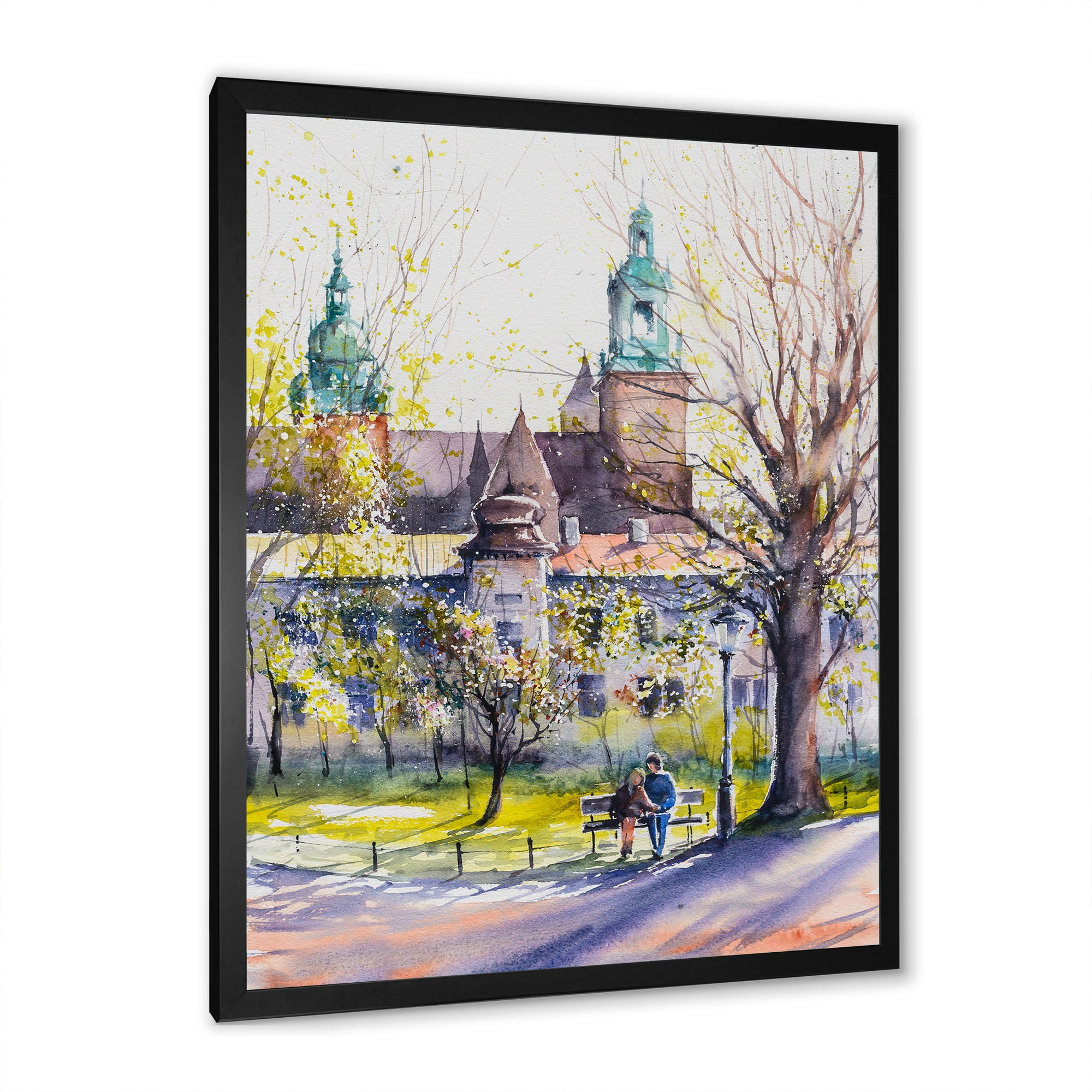 Designart 'Castel Through The Trees of The Park With Couple Sitting on Bench' Country Framed Art Print