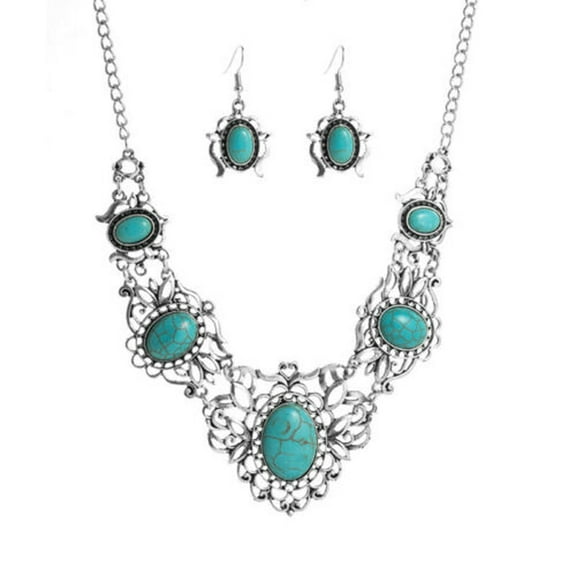 QQTDFG Boho 925 Silver Turquoise Women Wedding Jewelry Earrings Necklace Set Gifts-#1