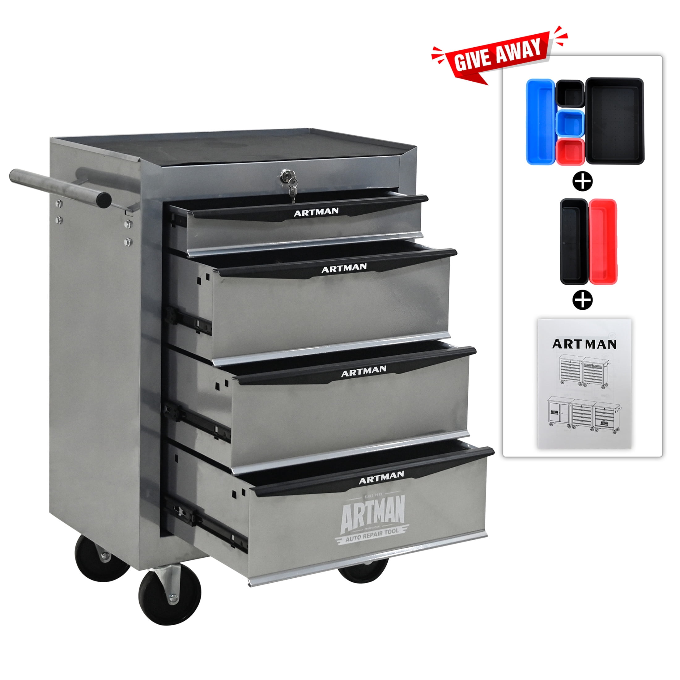 Noble House 4-Drawer Mobile Steel Tool Organizer with Key Lock, Ball Bearing Slide Storage Cabinet Box, Silver