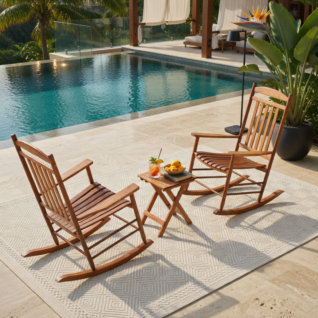 Hommoo 3-Piece Poplar Wood Outdoor Rocking Bistro Set, Foldable Table & Two High-Back Rockers for Patio, Porch, Balcony & Garden, Brown