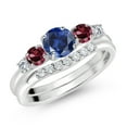 thumbnail image 2 of Gem Stone King 10K White Gold Blue Created Sapphire Red Rhodolite Garnet and White Lab Grown Diamond 5 Stone Bridal Engagement Wedding Ring Set for Women (0.95 Cttw, Round: 5MM and 3MM, Size 6), 2 of 6