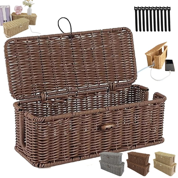 Handwoven Rattan Cable Management Box, Handwoven Faux Rattan Open Slots Cord Organizer Basket with Lid, Decorative Cord Hider Box, Power Strip Storage 𝐁𝐨𝐱 for Home and Office (Coffee, M)