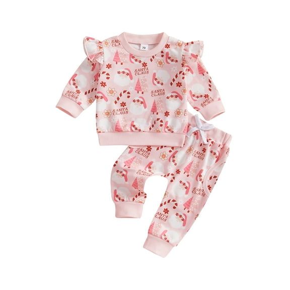 Toddler Baby Girls Christmas Clothing Sets 0 6 12 18 24 Months 2T 3T All-over Santa Print Ruffled Long Sleeve Sweatshirt Long Pants Outfits