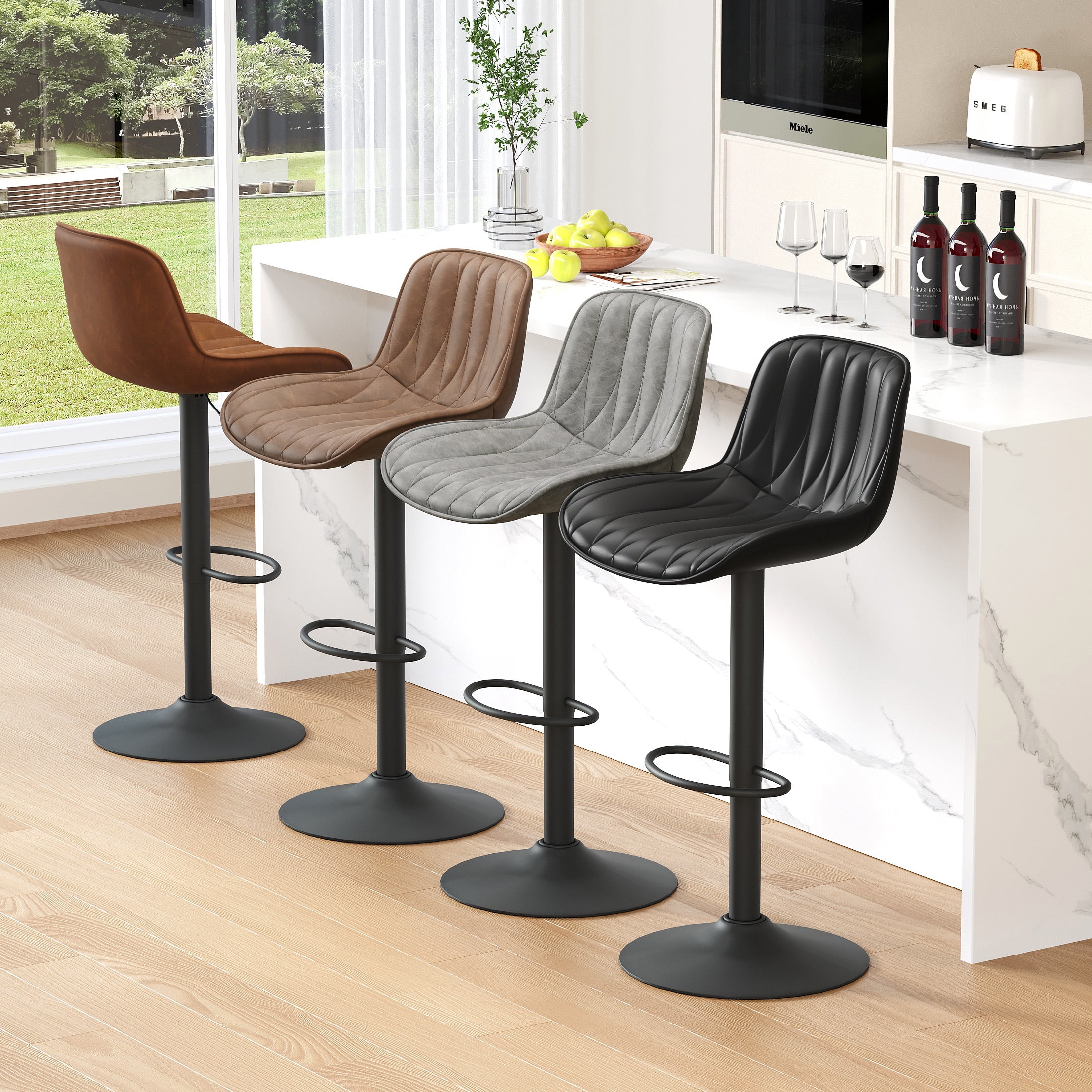 FIRAVOE Swivel Bar Stools Set of 2 (Adjustable Height 25"-33") Counter Height Bar Stools with Back, Modern Faux Leather Barstools for Kitchen Island, Brown