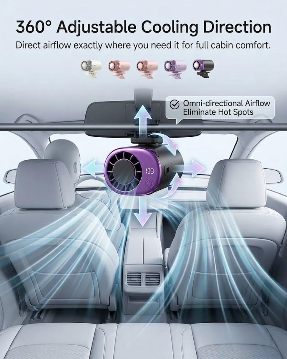 2026 Car Clip on Air Conditioner Fan with LED Display - 360° Rotation, USB Rechargeable Personal Cooling Fan, 199 Speeds Adjustable, 16℃ Semi-Cooling Wide Clamp Detachable