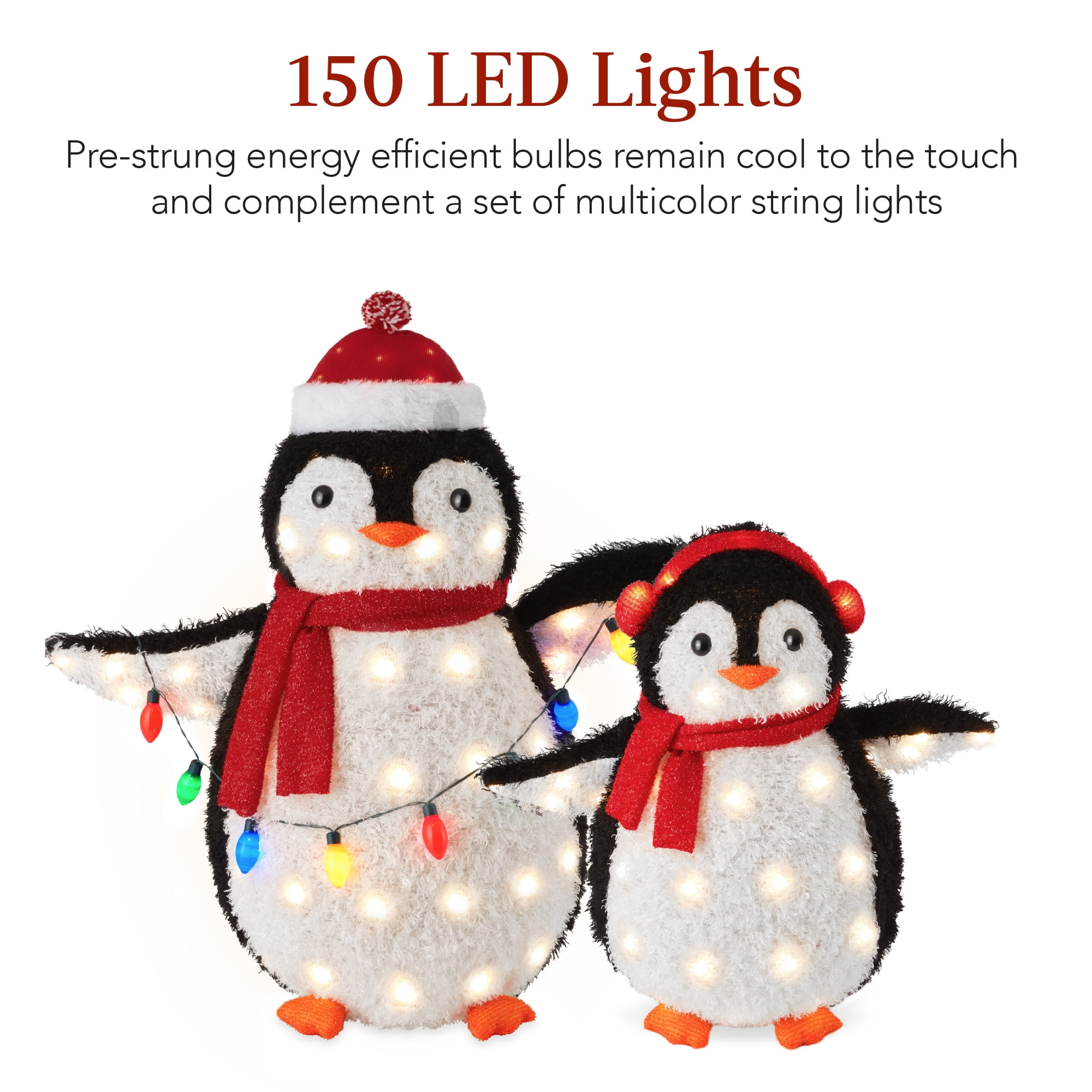 Best Choice Products 2-Piece Lighted 3ft Pop-Up Penguin Family Outdoor Christmas Decoration w/ 150 LED Lights - Red
