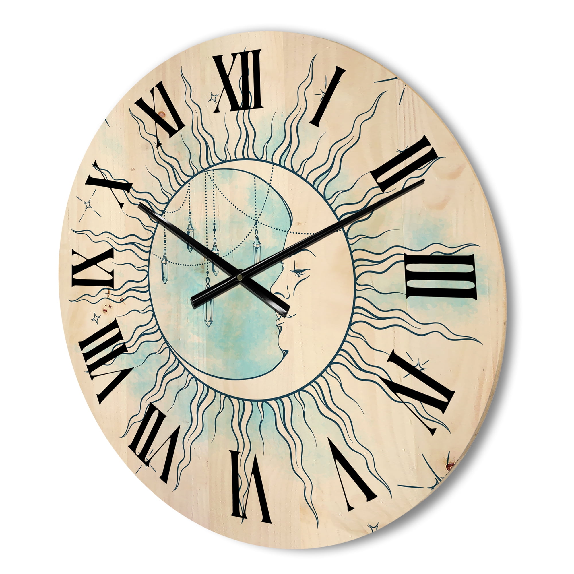 Designart 'Blue Crescent Moon With Stars and Moonstone Pendants' Bohemian & Eclectic Wood Wall Clock