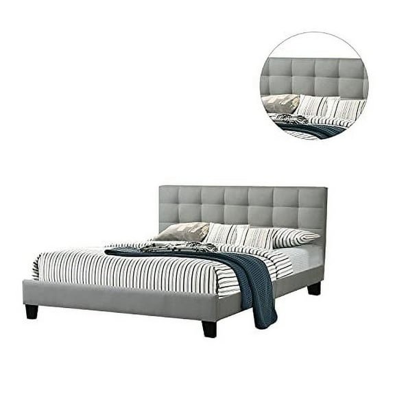 Poundex Gray Fabric Queen Size Platform Bed Frame