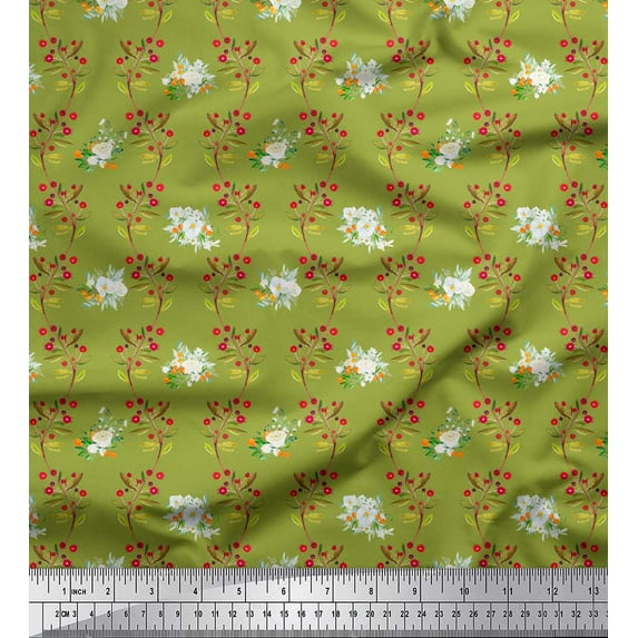 Soimoi Green Modal Satin Fabric Red Berries & Polo Rose Floral Print Sewing Fabric Yard 42 Inch Wide
