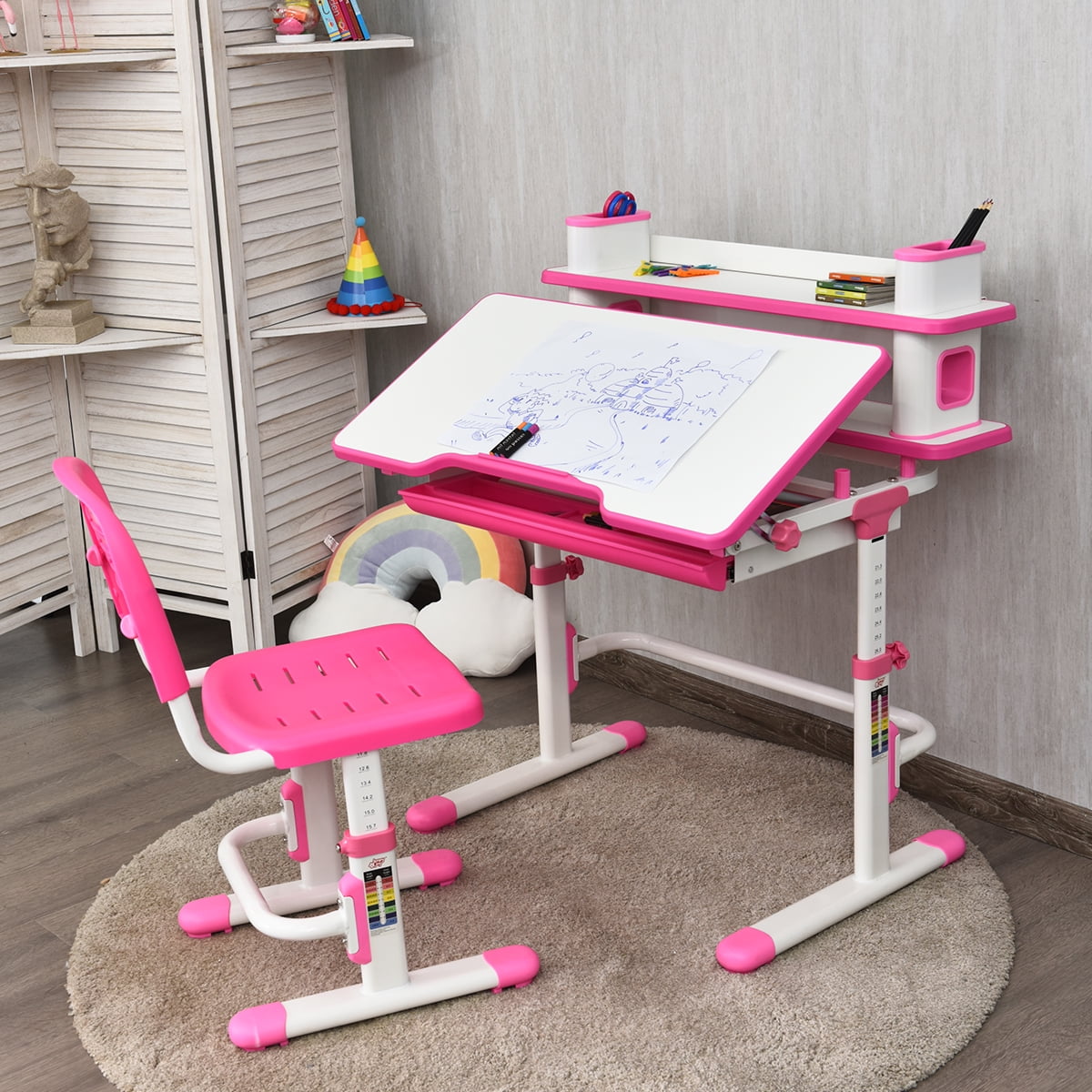 costway children's desk chair set height adjustable study table bluepink