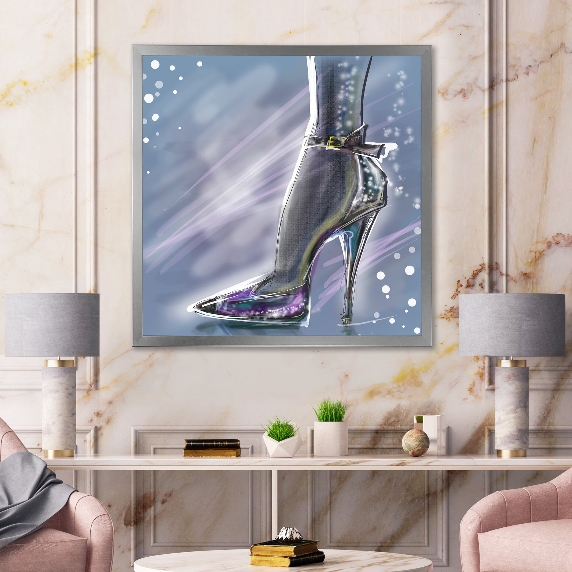 Designart 'Shiny Woman Shoe High Heeled Stiletto With Glitter' Modern Framed Art Print