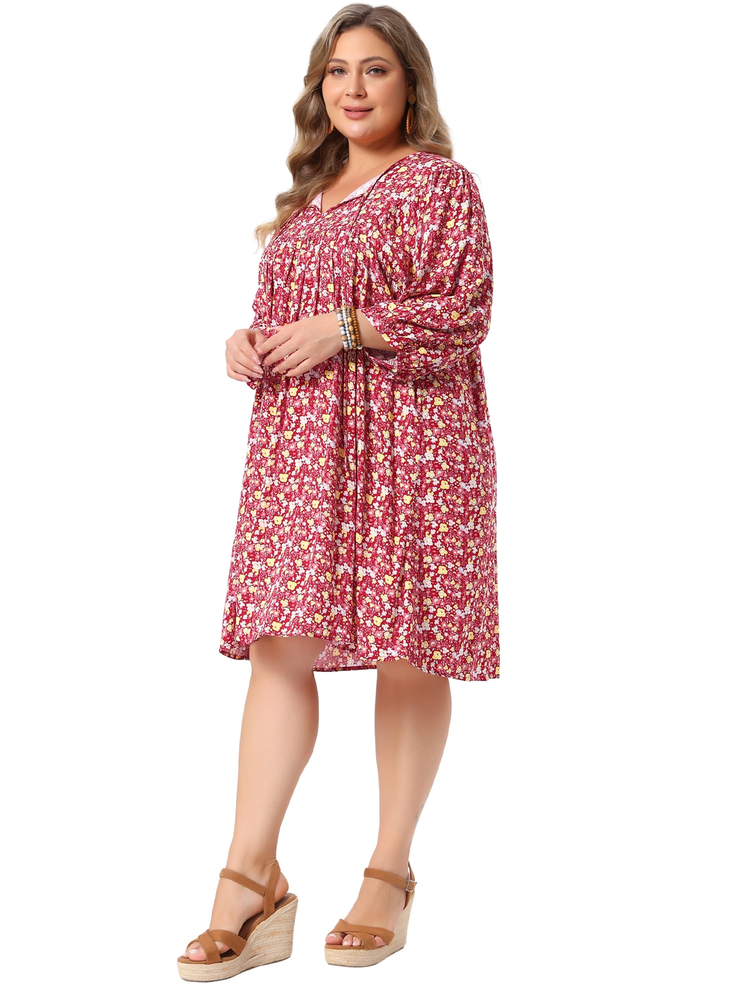 DARING DIVA Women's Plus Size Drawstring V Neck Babydoll Midi Flowy Dress 1X Red