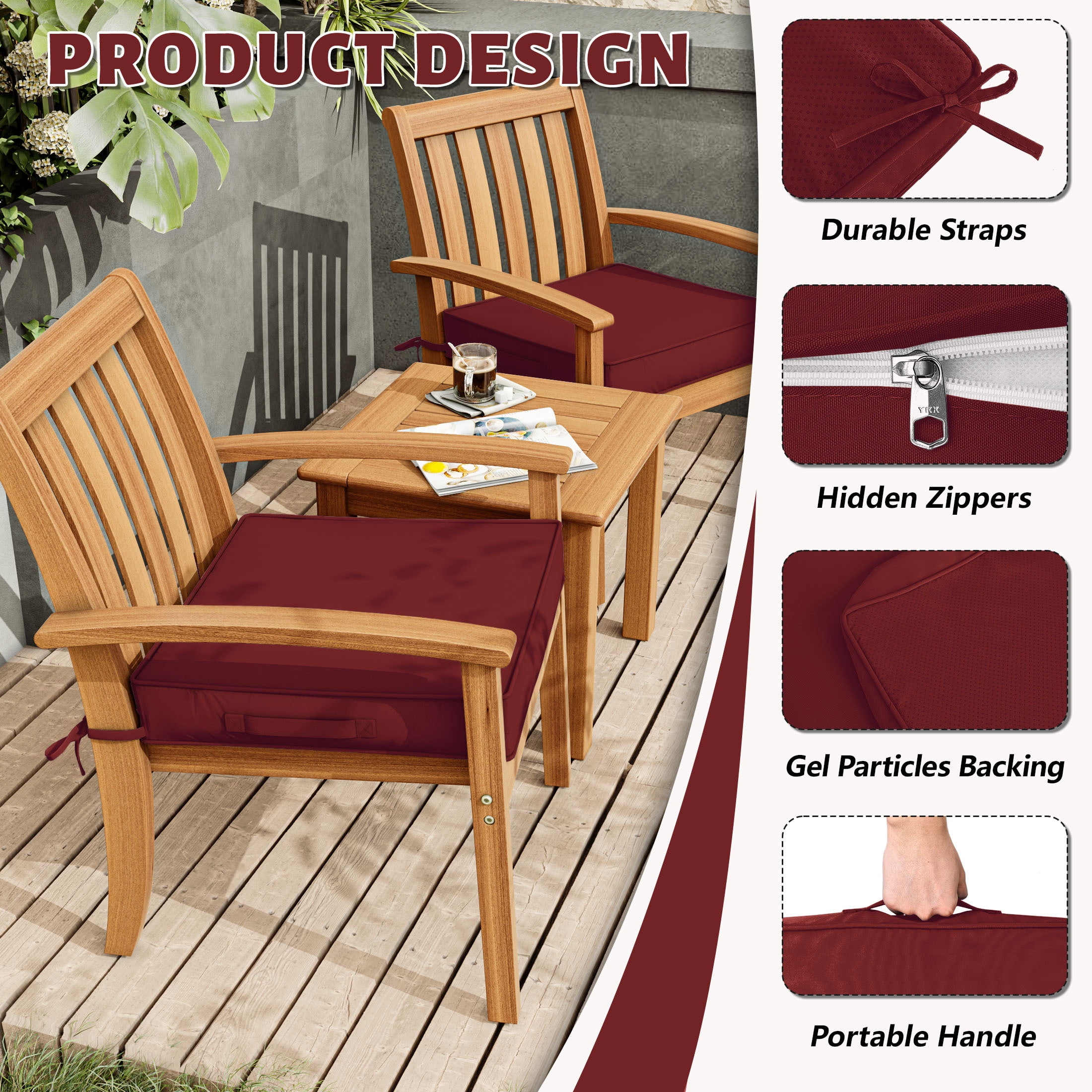 Kimunuk 4 Pack Outdoor Chair Cushions, 17" x 16" Waterproof Outdoor Seat Cushions Couch Pads with Ties & Handle for Patio Furniture, Burgundy