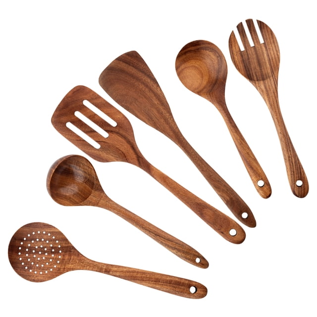 Precio sorpresa!Juego de utensilios de cocina de teca natural - Cuchara de cocina de agarre cómodo, cuchara de madera para cocinar - Juego de utensilios de madera para cocinar, utensilios de cocina