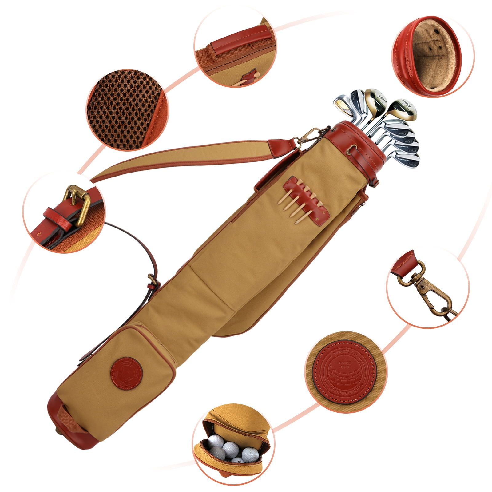 TOURBON Golf Clubs Sunday Bag Carrying Case Golf Pack Travel Retro Pencil Style Canvas Leather Shoulder Pack Brown
