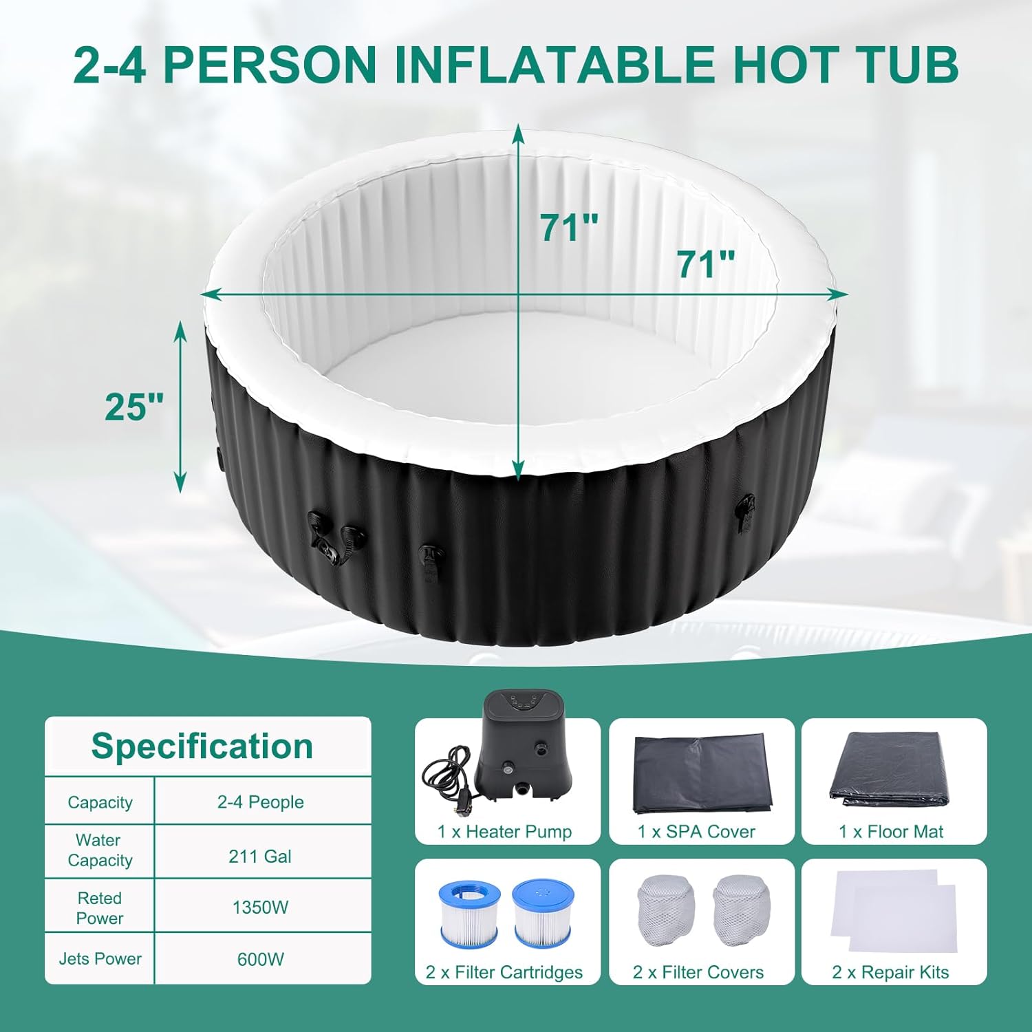 MOPHOTO 2-4 Person Inflatable Hot Tub, Round Portable Blow up Hot Tub, Leak-Proof PVC Outdoor Spa with 120 Air Jets, Insulated Cover & Heater Pump(71"*71"*25")