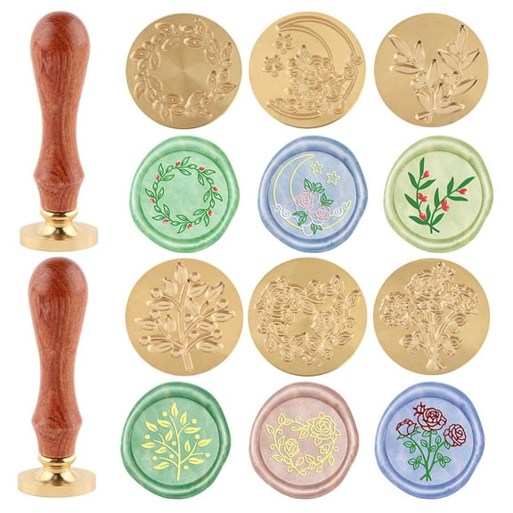 6PCS Botanical Theme Wax Seal Stamp Kit Rose Eucalyptus Wreath Wax Seal Stamp Heads with 2PCS Wooden Handles for Embellishment of Cards Envelopes Invitations Wine Packages Gift Wrapping
