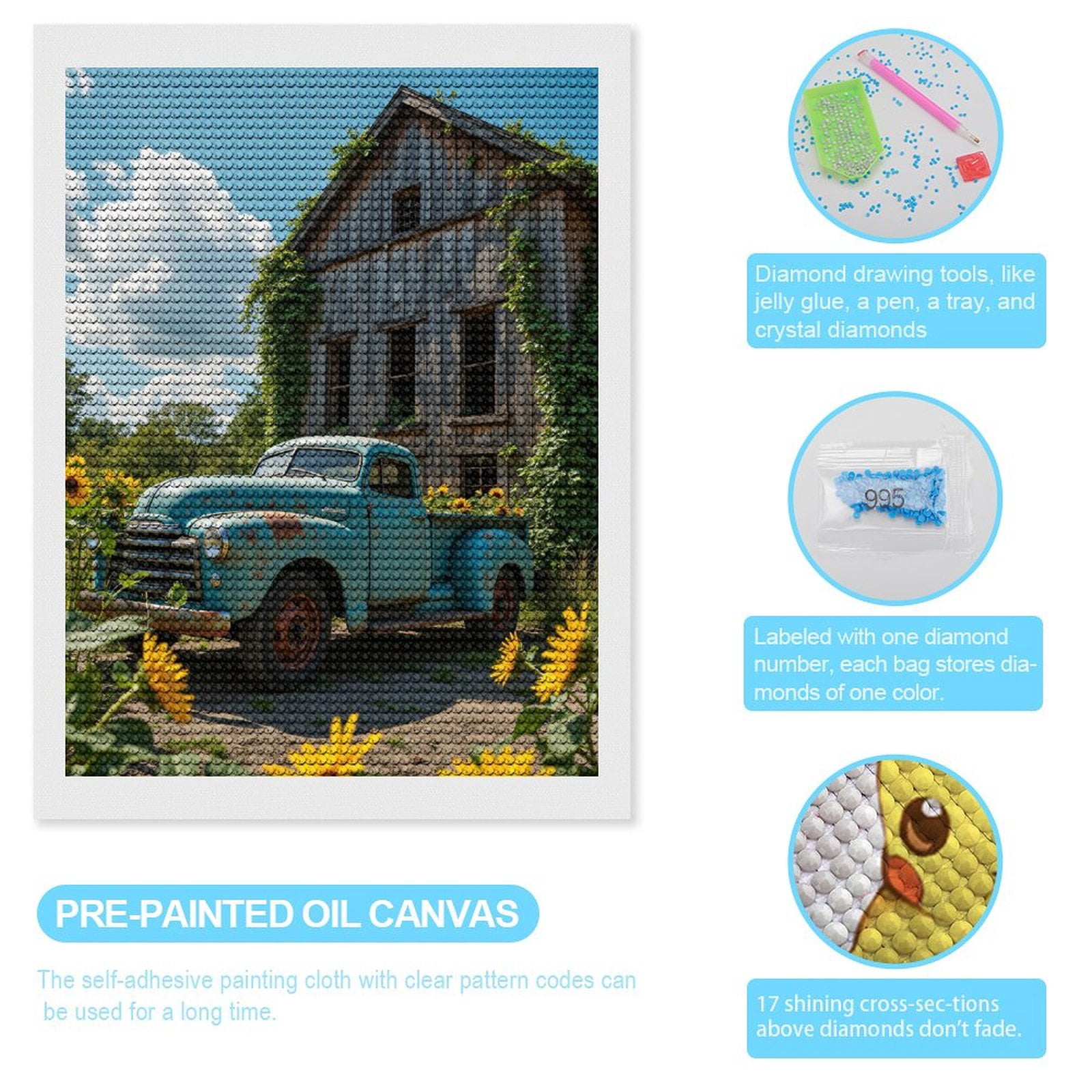 Diamond Art Kits for Adults, Vintage Truck Rustic House Sunflowers 5D Diamond Painting Kits for Adults Beginners, DIY Full Drill Diamond Painting, Gem Art and Crafts 12x16
