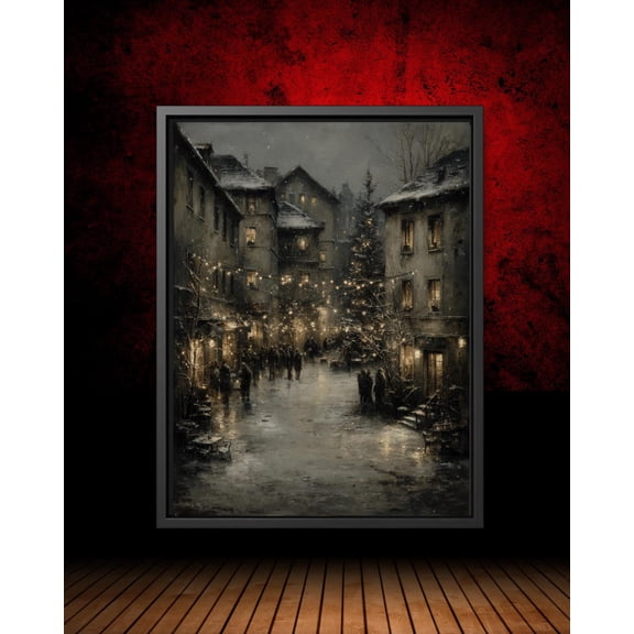 European Village Art , Moody Winter Town Scene With Glowing Lights And Tree, Wall Decor, Atmospheric Unframed Paper Print