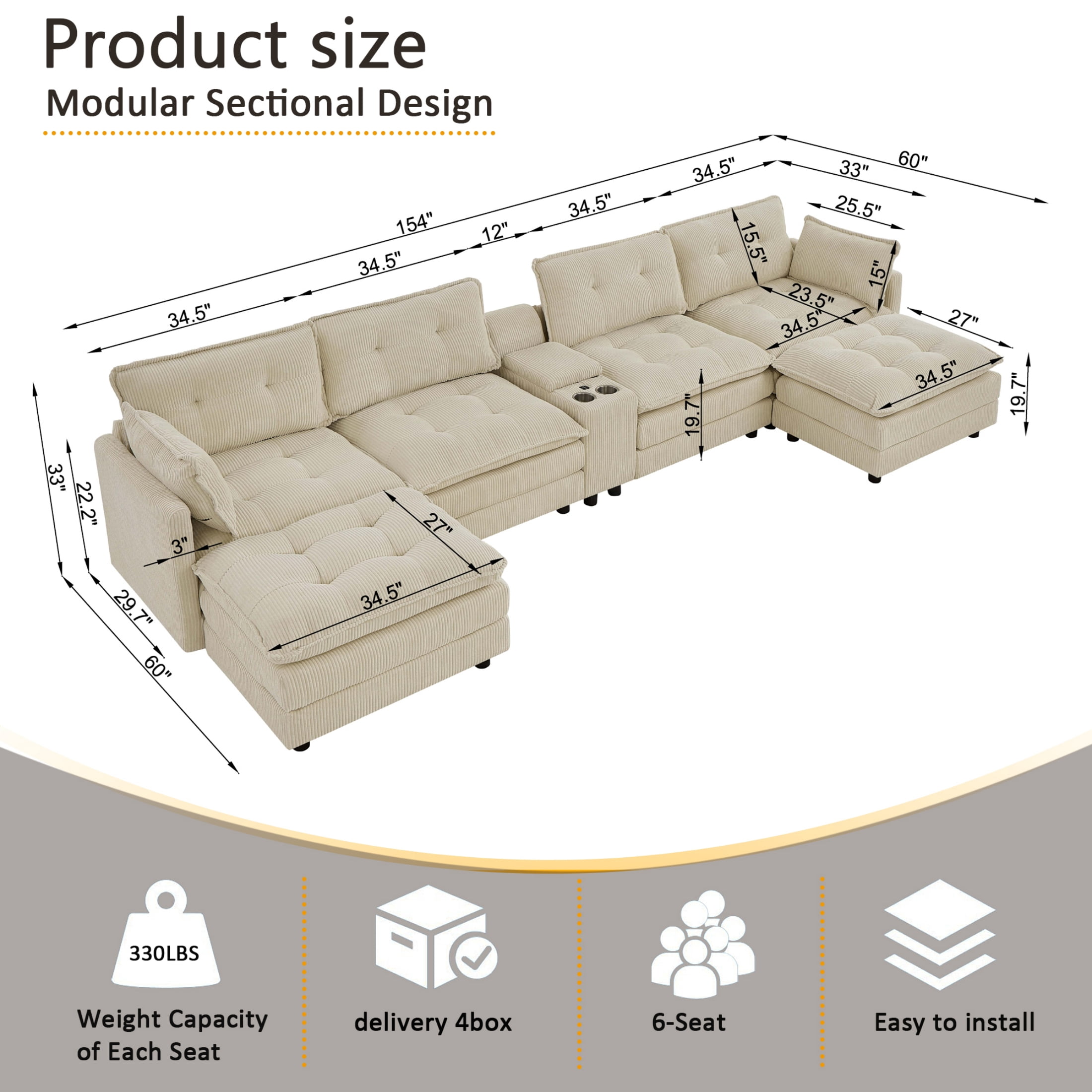 Anpport 154" U-Shaped Modular Sectional Sofa with 2 Removable Ottomans for Living Room, Corduroy, Beige