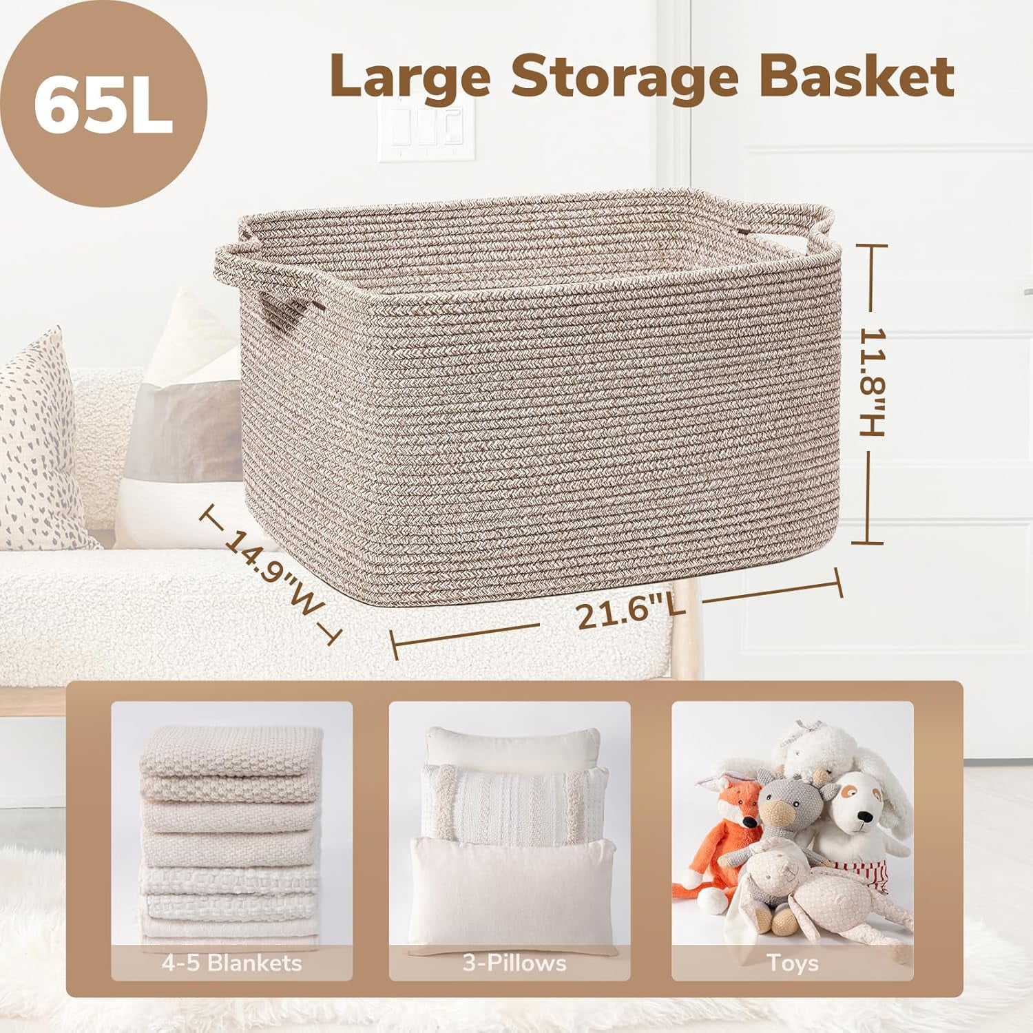 PrimeCook Shop Large Woven Storage Basket, 21.6" x 14.9" x 11.8" Blanket Basket for Living Room, Bedroom, Rectangle Rope Storage Organizer for Clothes, Toys, Brown