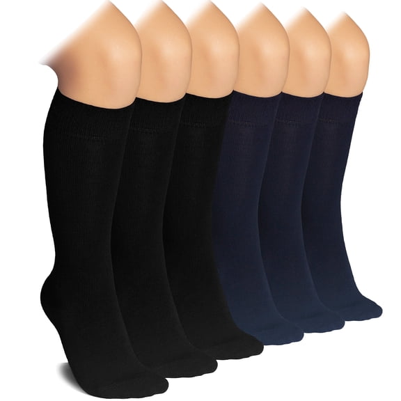 HUGH UGOLI Knee High Socks for Kids Girls Boys & Toddlers, Solid Color Long School Uniform Socks, Soft Breathable & Comfortable Bamboo Socks 3-14 Years Old | 6 Pairs | Black/Navy Blue | 12-14 Years