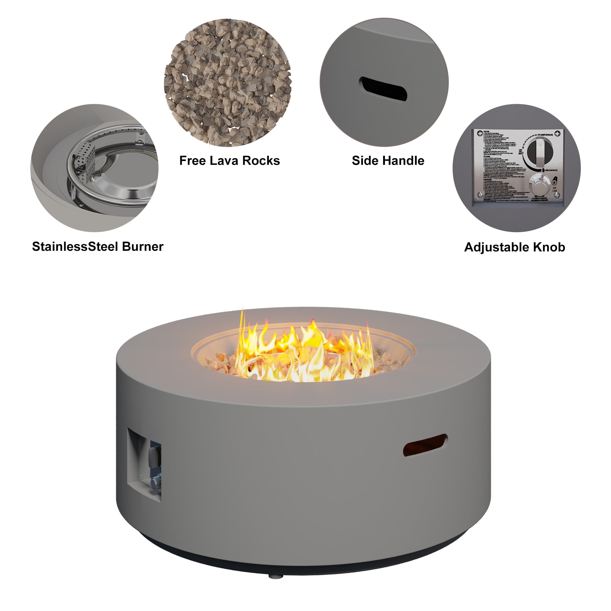 HongTaoK 32.5 inch Round Propane Fire Pit for Outside White 50K BTU Outdoor with Lava Rocks, All Weather Applicable, Gray