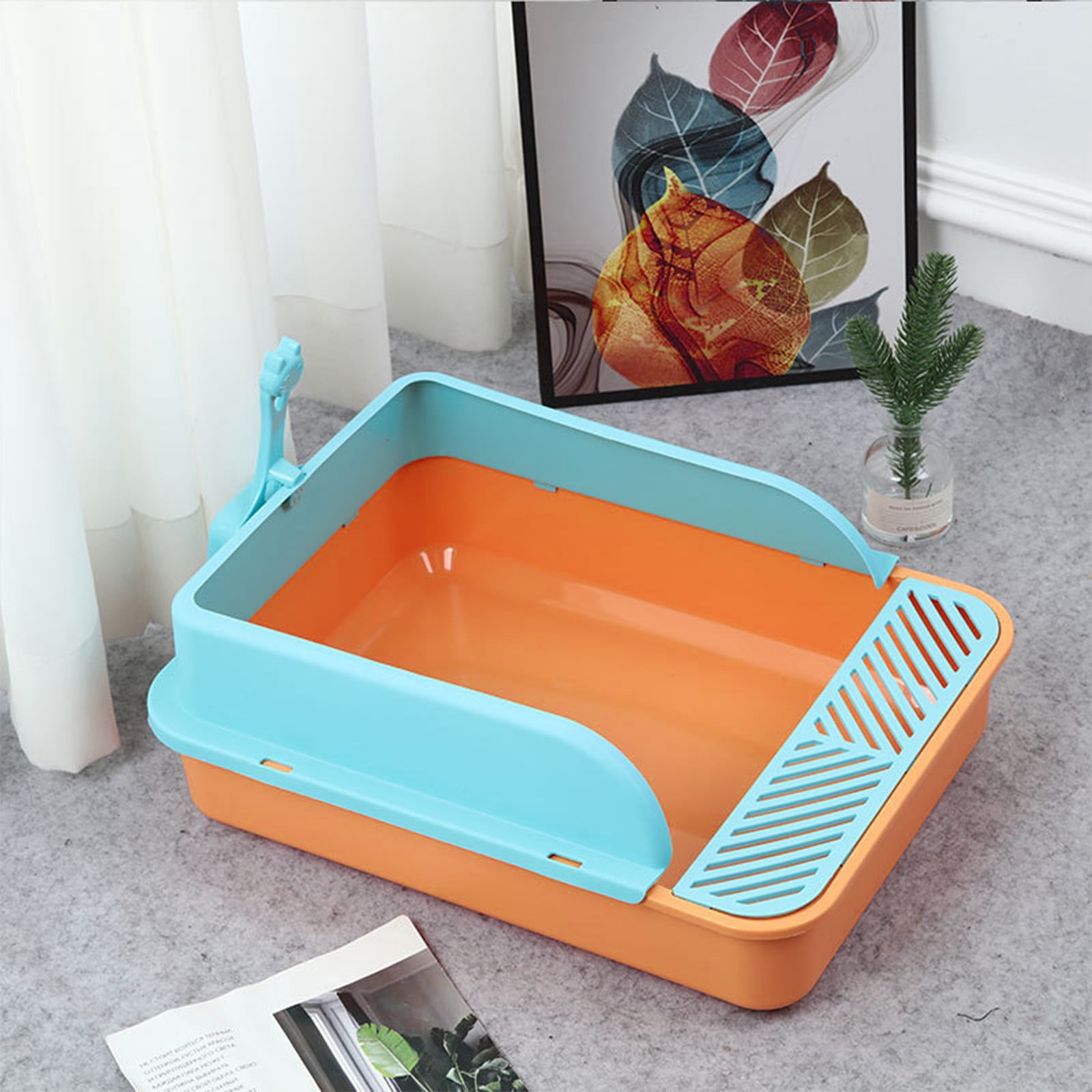 Semi Enclosed Cat Litter Box, Large Capacity Splash Proof Toilet with High Sides and Pedal, Durable Plastic Tray with Scoop for Easy Cleaning, Suitable for Kittens, Cats, Indoor and Daily Use