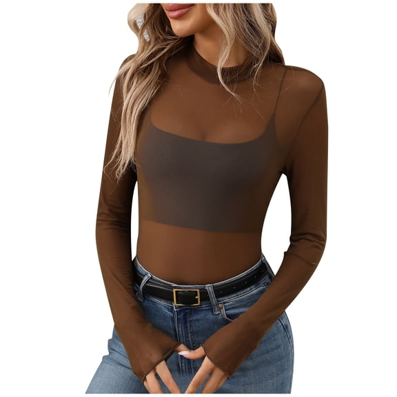 Scyoekwg Womens Tops Long Sleeve Crew Neck Slim Shirts Solid Color Lightweight Women Blouses Dressy Casual Blouses Trendy Fall Tops Pullover (Brown,M)