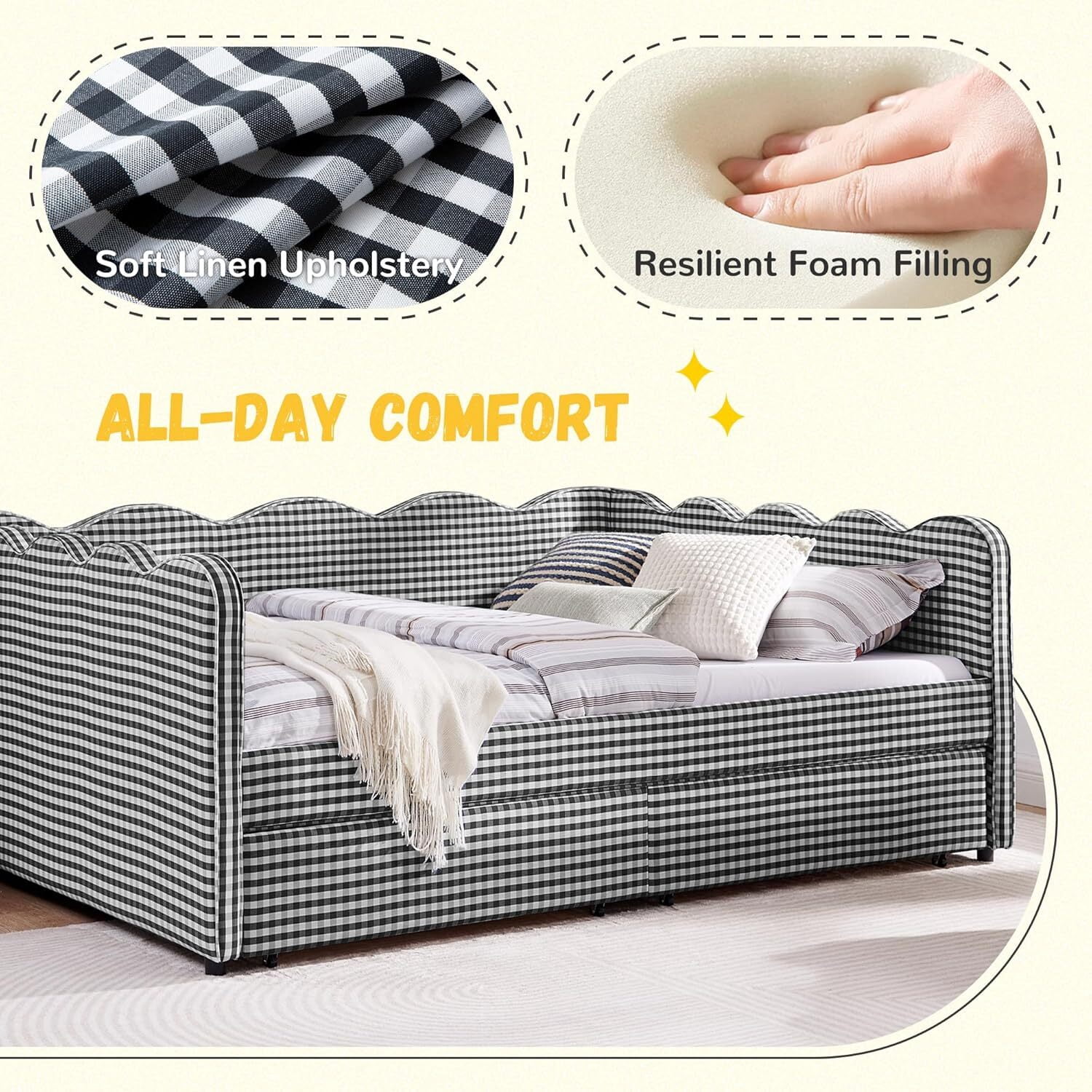 avobird Cozy Gingham Daybed with 2 Storage Drawers Queen Size Sofa Bed for Living Room, Sleeper Sofa with USB Port and Adorable Wave Shaped, Linen Fabric, Black