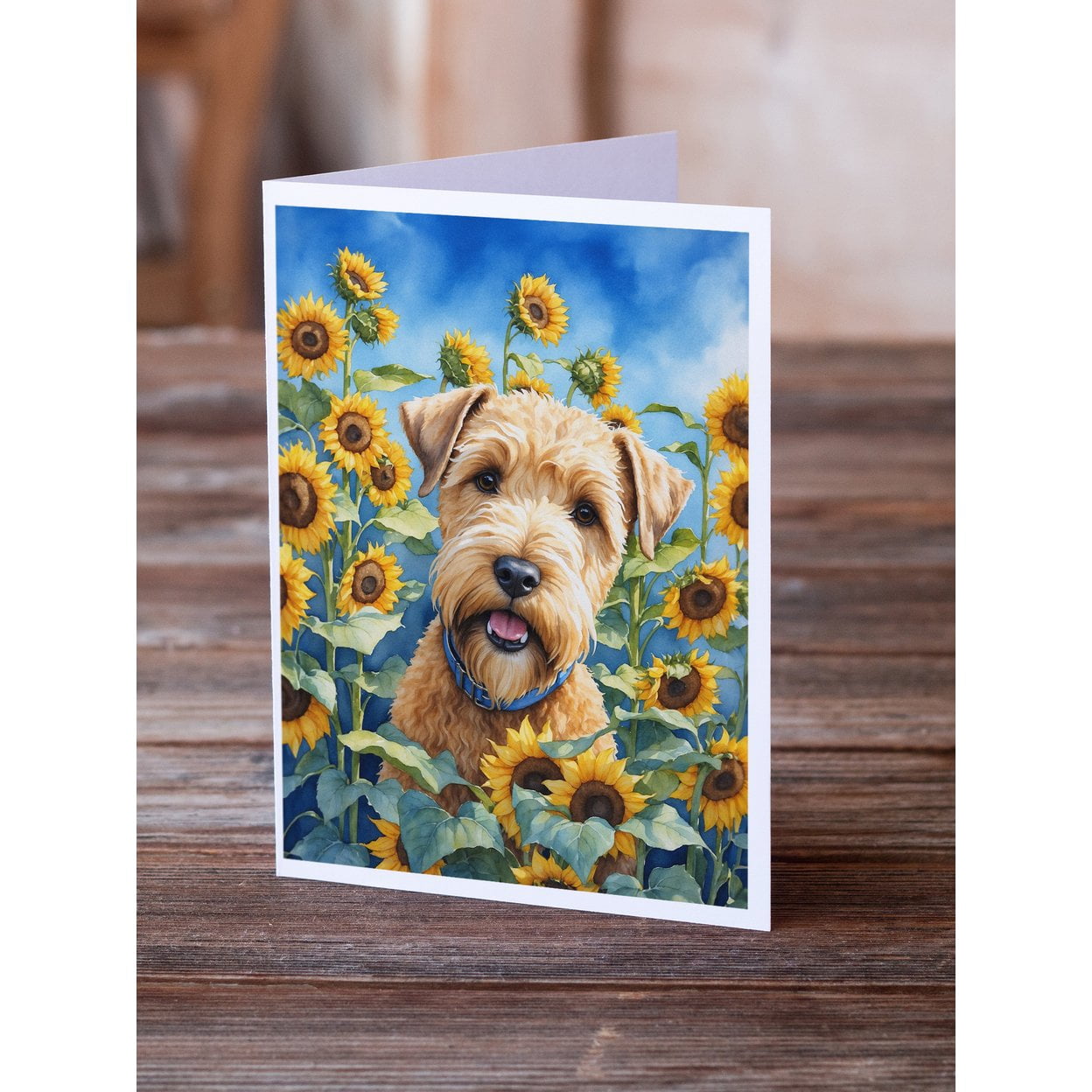 Wheaten Terrier in Sunflowers Greeting Cards Pack of 8 7 in x 5 in