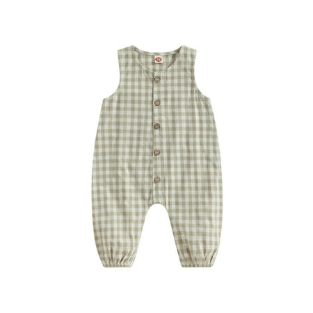 

Summer Infant Baby Girls Cotton Linen Romper Sleeveless O Neck Button Down Loose Plaid Jumpsuit