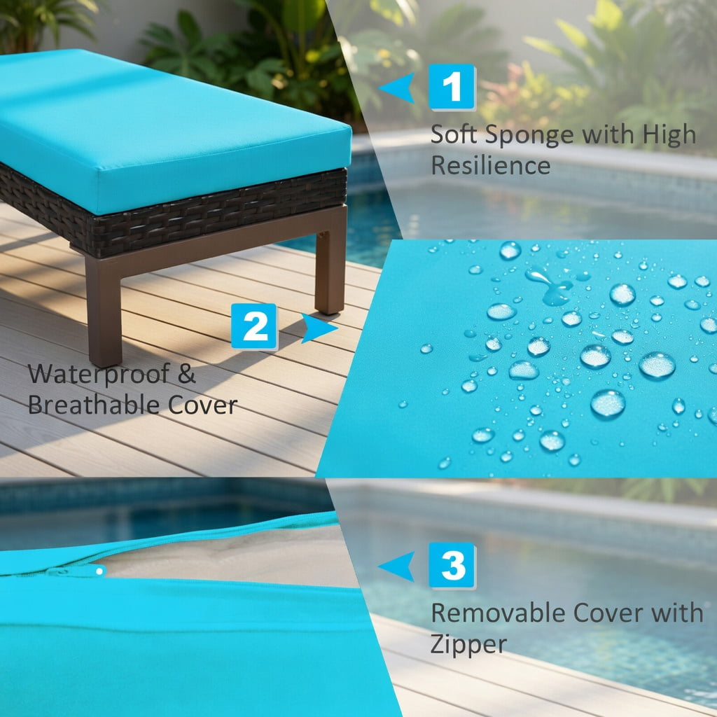 Hommoo Adjustable Outdoor Rattan Chaise Lounge Chair with Removable Cushion, Steel Frame, Weather-Resistant PE Wicker, 5-Position Reclining Backrest for Patio, Deck or Poolside, Turquoise