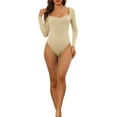 thumbnail image 2 of INSPIRAR CHIC Body de Manga Larga para Mujeres Shapewear Ajuste Slim Cuello Cuadrado Leotardo Mono Tops L Caqui, 2 of 5