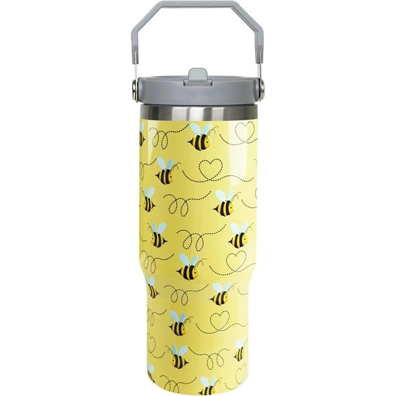 30oz Bee Tumbler with Handle & Straw - Insulated Stainless Steel Travel Mug, Leak-Proof Reusable Cup for Coffee - Gift for Bee Lovers, Women or Men