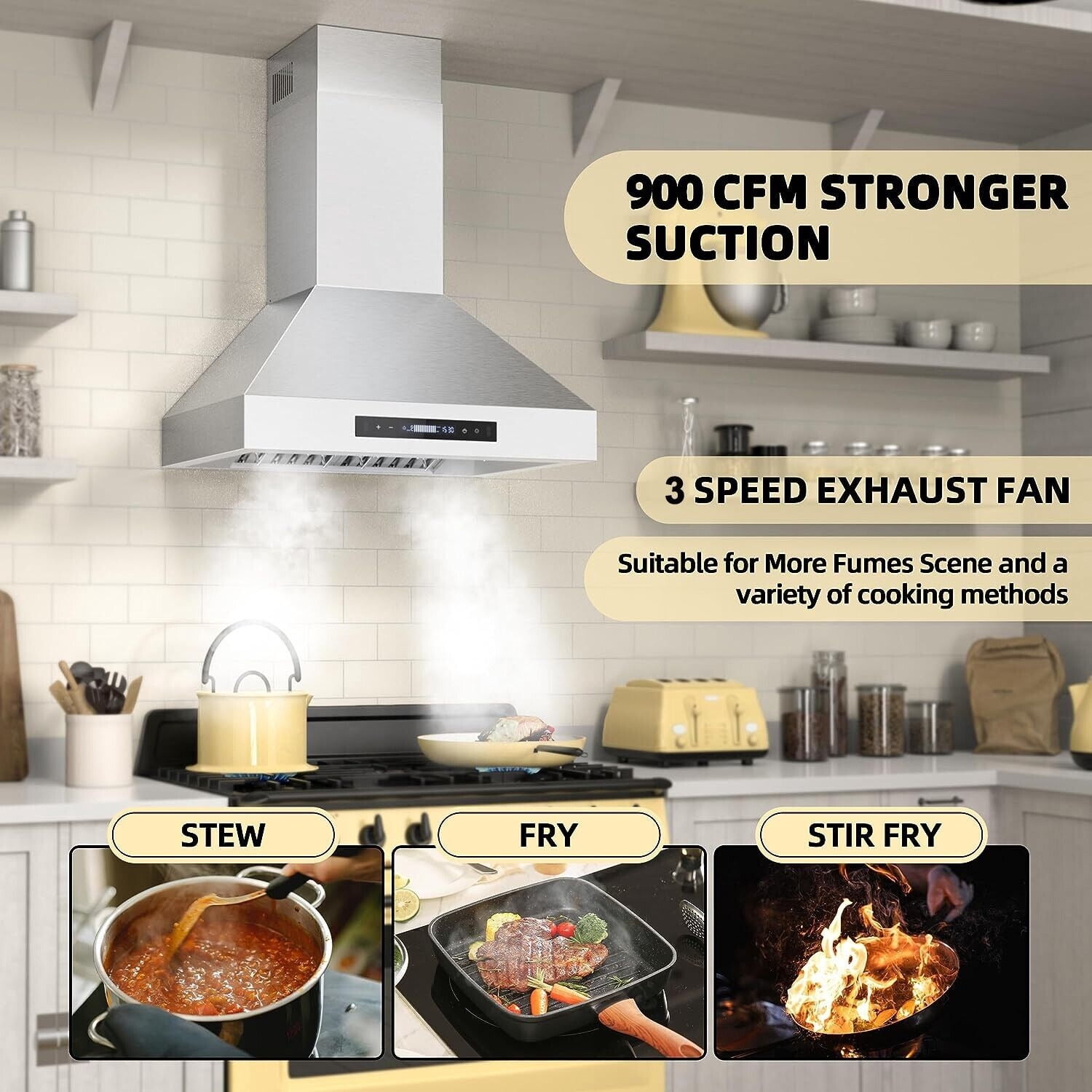 900CFM 30 inch Wall Mount Range Hood Stainless 3-Speed Fan Dishwasher Clean Filter 120V