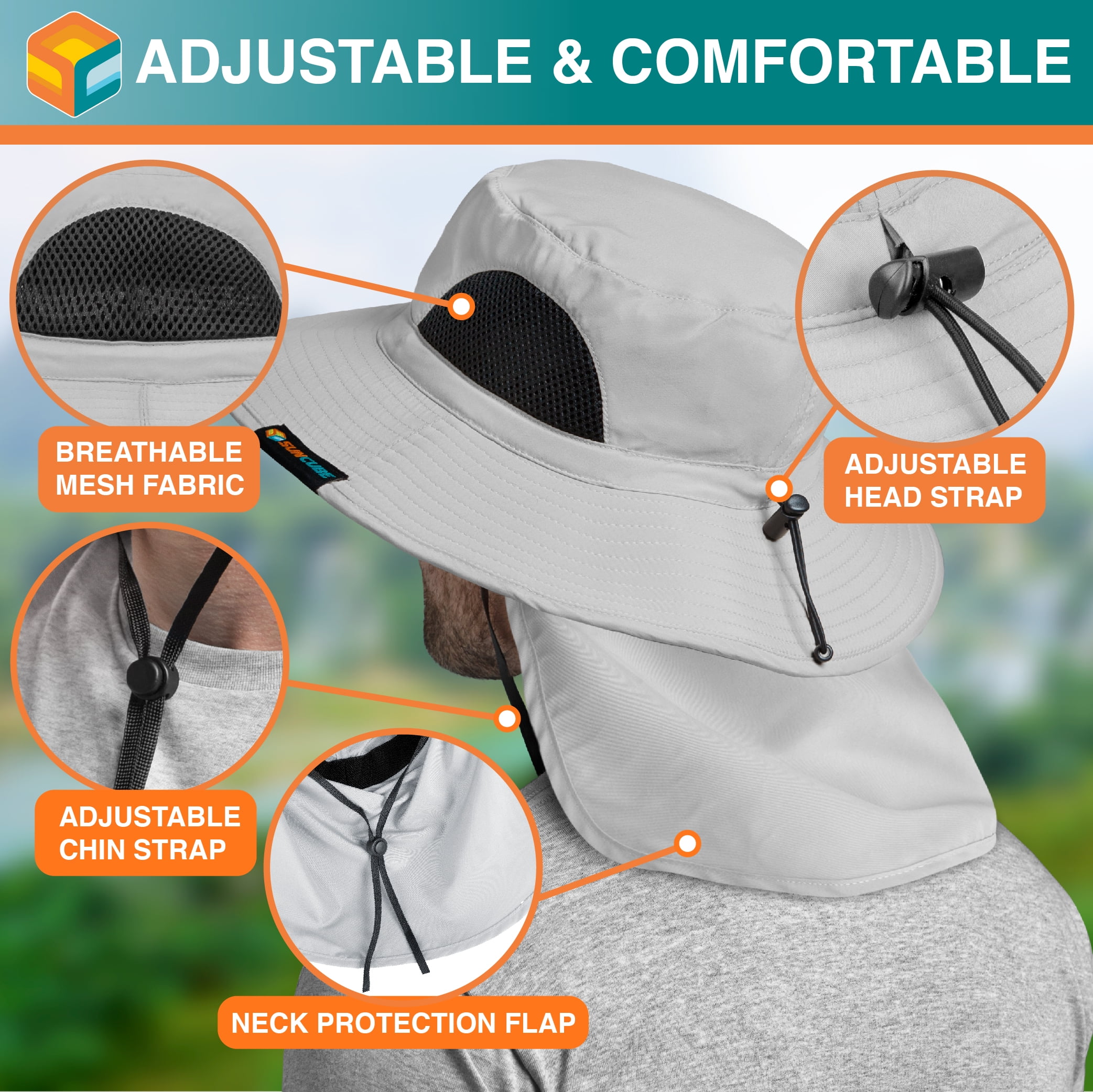SUN CUBE Fishing Sun Hat with Neck Flap for Men Women UPF 50+ UV Protection  Head Cover, Outdoor Bush Bucket Cap with Face Covering for Hiking Running  Mowing Farming, Light Grey 