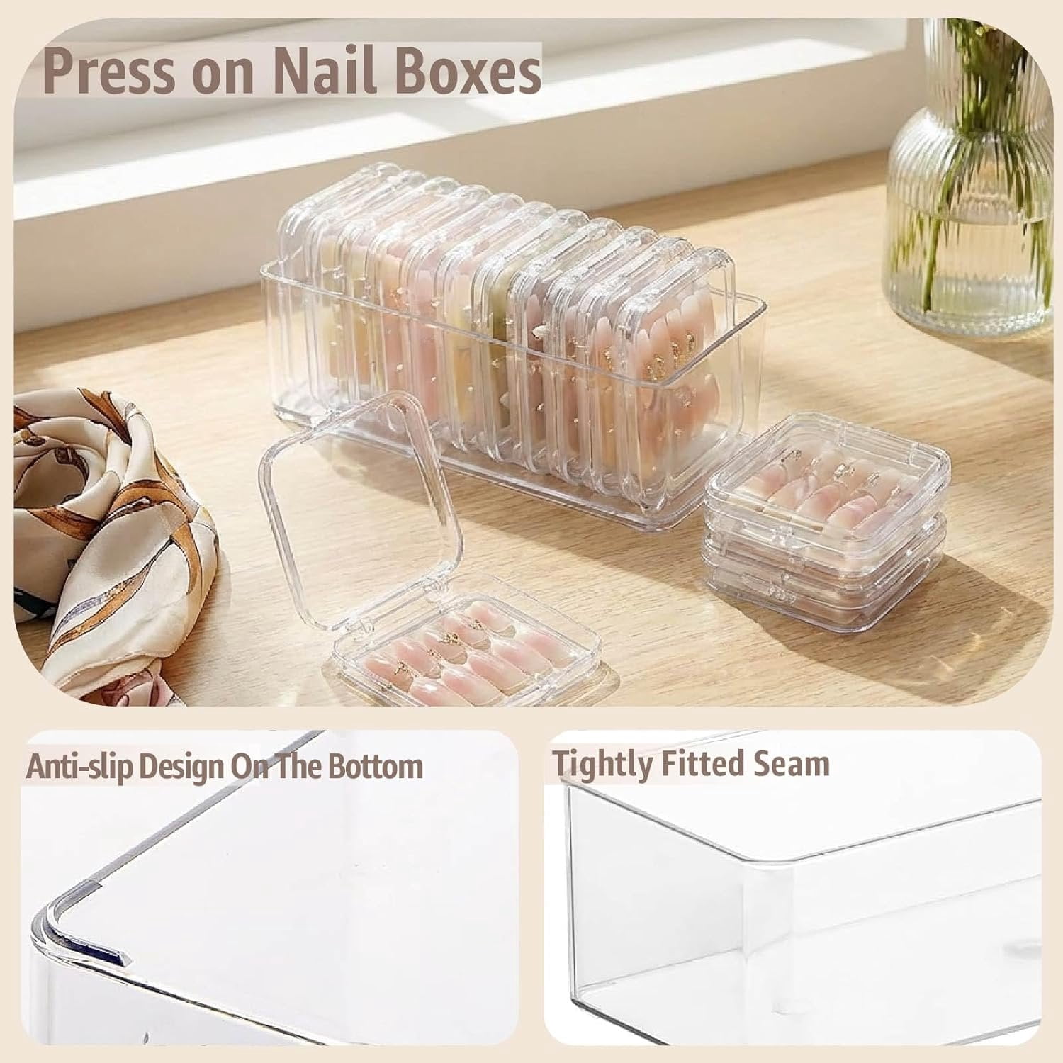 Clear Press   Storage Containers 12-Pack Stackable Cases, Press Ons  Packaging Organizer Case,  Tips and  Nails Display Box for Travel and Salon Use (Clear 06)